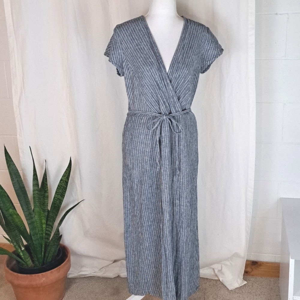Banana Republic linen viscose blue white stripe faux wrap cap sleeve maxi sz6